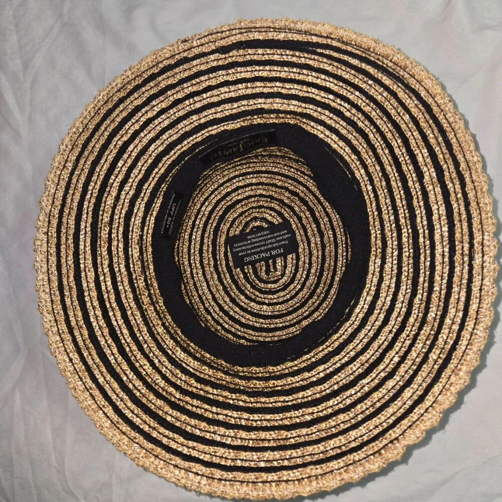 Eric Javits New York Packable Straw Bucket Sun Hat Tan Black Stripe UPF - Picture 5 of 14